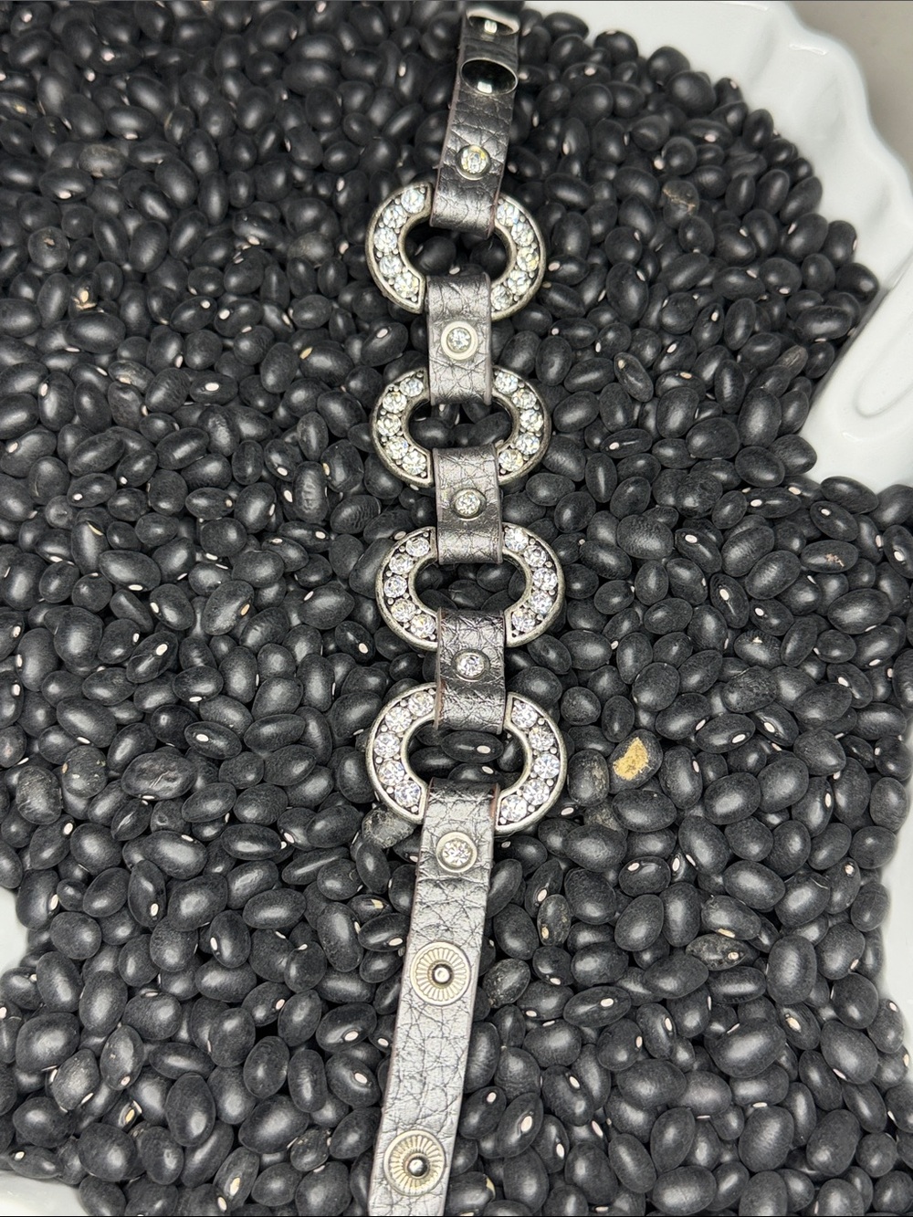 Pave Circle Link Black Leather Bracelet